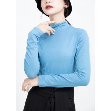 Loose blue cotton cr e tops elastic oversized high neck shirts