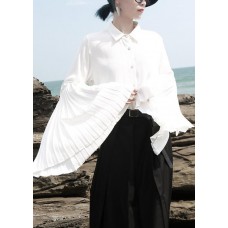  c white  ffon clothes For Women pleated sleeve loose lapel collar blouse