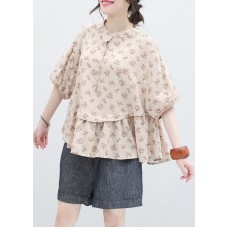 Women stand collar nu  prints linen top silhouette  sign half sleeve blouses summer