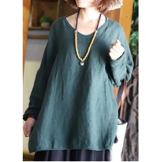  c blackish green linen clothes For Women side open Plus Size Clothing v neck blouse