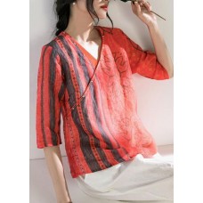  c v neck half sleeve linen Blouse Shirts red print top