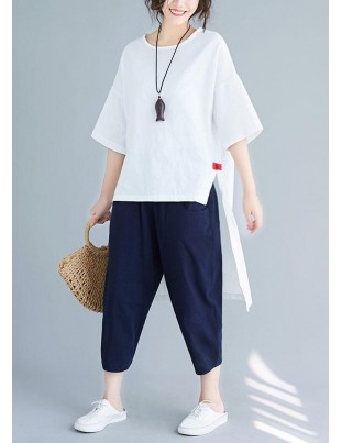   women's solid color five-point sleeves white shirt casual harem pants two-piece