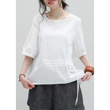 Itali  white cotton shirts Tunic Tops o neck drawstring shirt