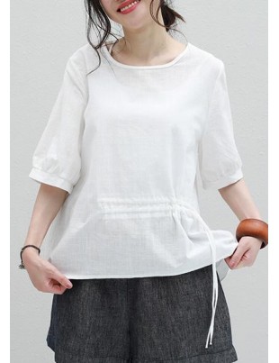 Itali  white cotton shirts Tunic Tops o neck drawstring shirt