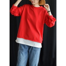  c red cotton shirts o neck false two pieces fall tops