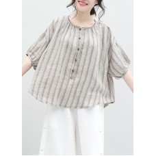 French half sleeve  nen Blouse Sewing summer shirt khaki striped