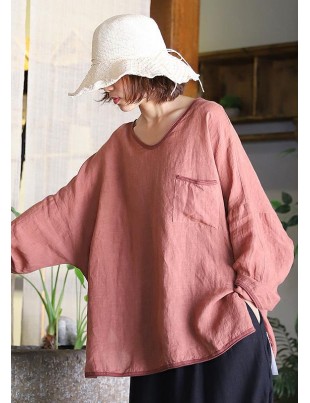 Loose si  open linen tunic pattern Shape brown shirts v neck