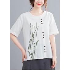 Casual White O Neck Button Shirt Tops Summer Cotton Linen