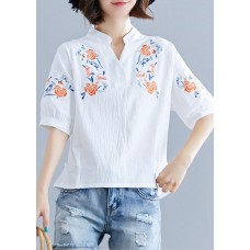 Natural white embroidery linen clothes Work Out s v neck summer blouses