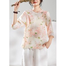 diy o neck half sleeve linen blouses for women Shirts pink print  