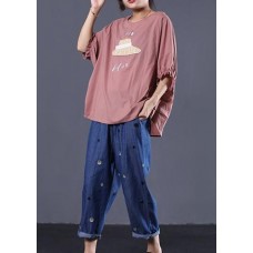   o neck cotton Long Shirts Inspiration pink prints top summer