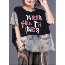 di  black patchwork cotton shirts women ripped short summer top