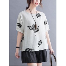 Beautiful White Print leaf Shirt   Summer Cotton Linen