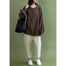 French lantern sleeve Button Down cotton tops women  sign chocolate shirt fall