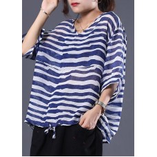 Art cotton shirts women plus size Adjust le Waist Stripes Casual Loose Blouse