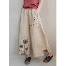   Khaki Print Dandelion Wide Leg Pants Summer Cotton Linen