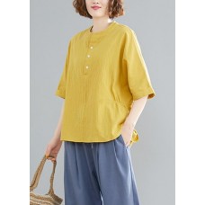 French yellow linen cotton linen   women blouses Cotton Button Down elastic waist blouse