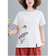  ted  White Embroideried Lotus Blouse Tops Summer Cotton Linen