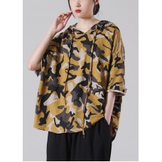 Plus Size Yellow Camouflage hoo d Cotton Summer Blouses