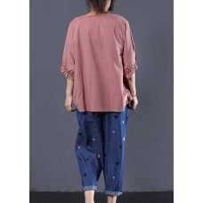   o neck cotton Long Shirts Inspiration pink prints top summer