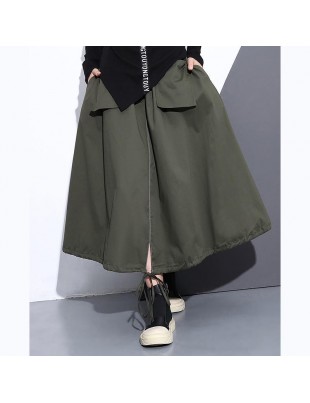 fine arm  green natural cotton skirt oversize A line skirts traveling boutique pockets drawstring cotton skirt