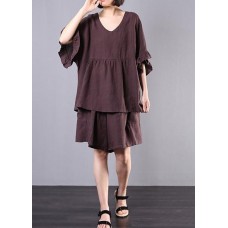 chocolate cotton linen v neck ruffles tops   women casual shorts two pieces