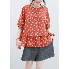 Bohemian half sleeve linen Tunic  sign red prints blouse summer