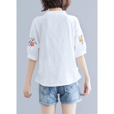Natural white embroidery linen clothes Work Out s v neck summer blouses